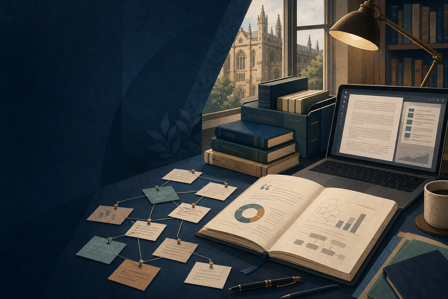 Illustrated dissertation research workspace with books, notes, charts, and a laptop